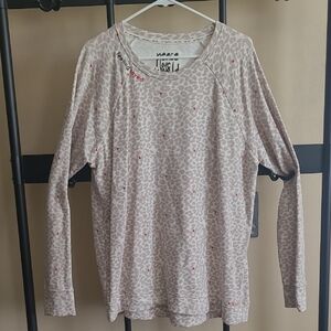 Peace Love World French Terry Pullover Leopard Print with Red Hearts